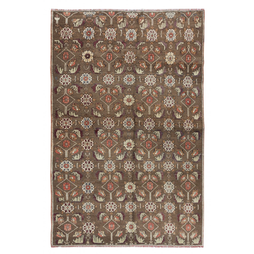 Vintage Handmade Floral Patterned Turkish Area Rug in Brown Color. 100% Wool