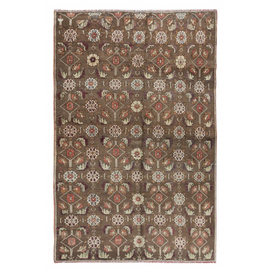 Authentic Floral Pattern Vintage Hand Knotted Anatolian Area Rug, Home Decor Wool Carpet