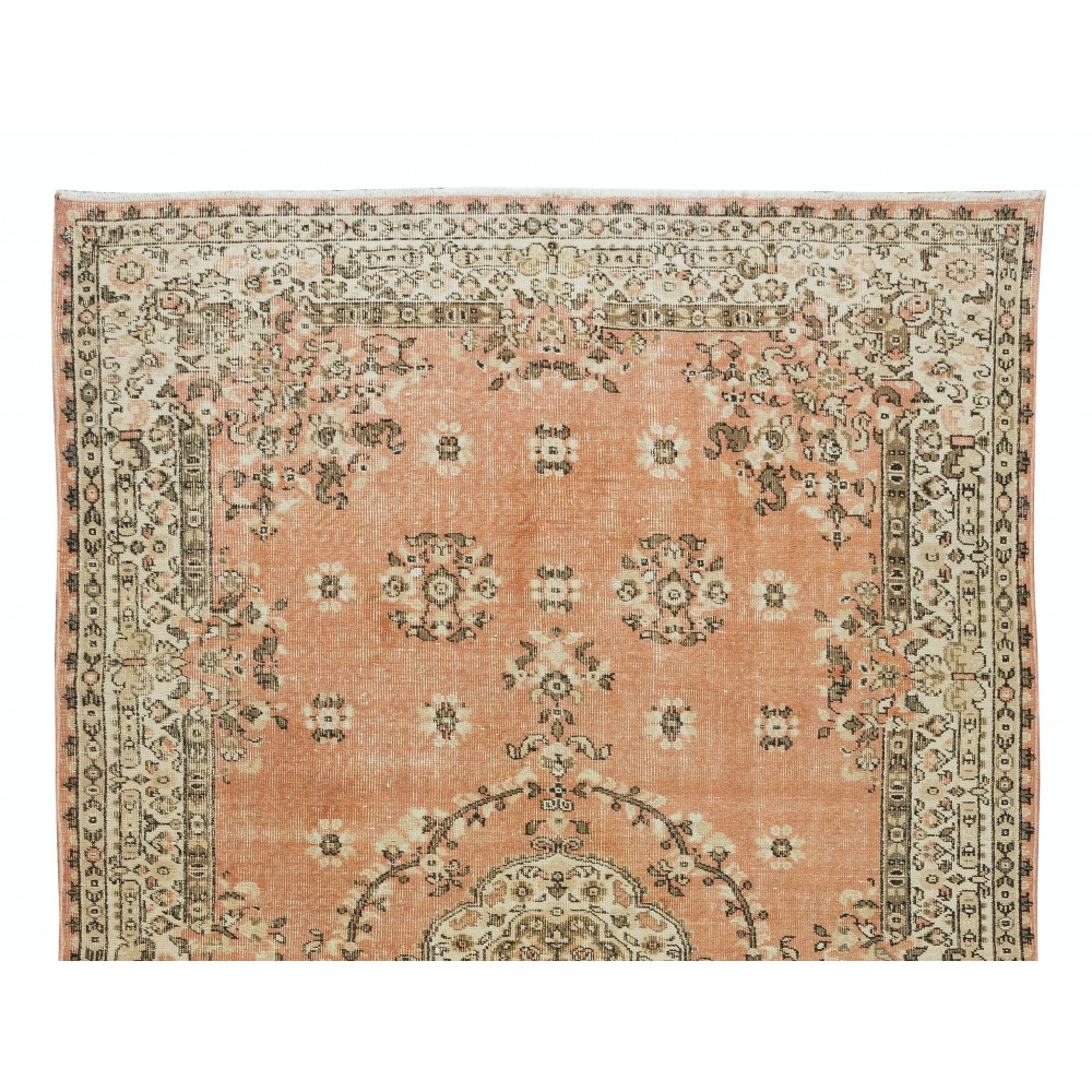 Hand-Knotted Vintage Turkish Rug in Red & Beige, Medallion Design Carpet