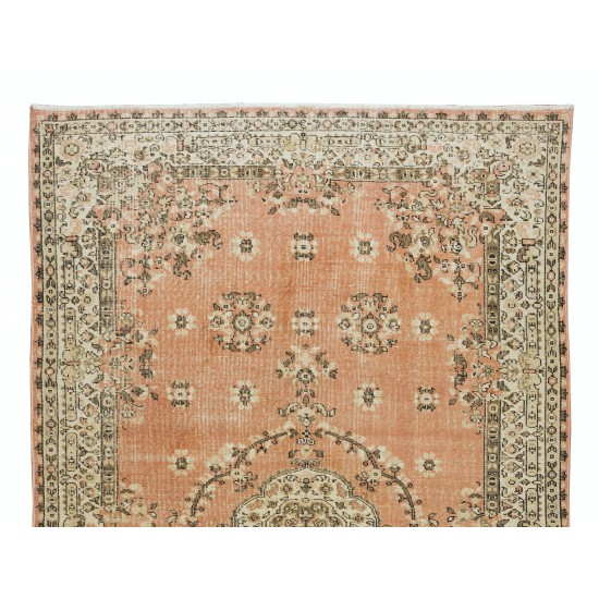 Hand-Knotted Vintage Turkish Rug in Red & Beige, Medallion Design Carpet