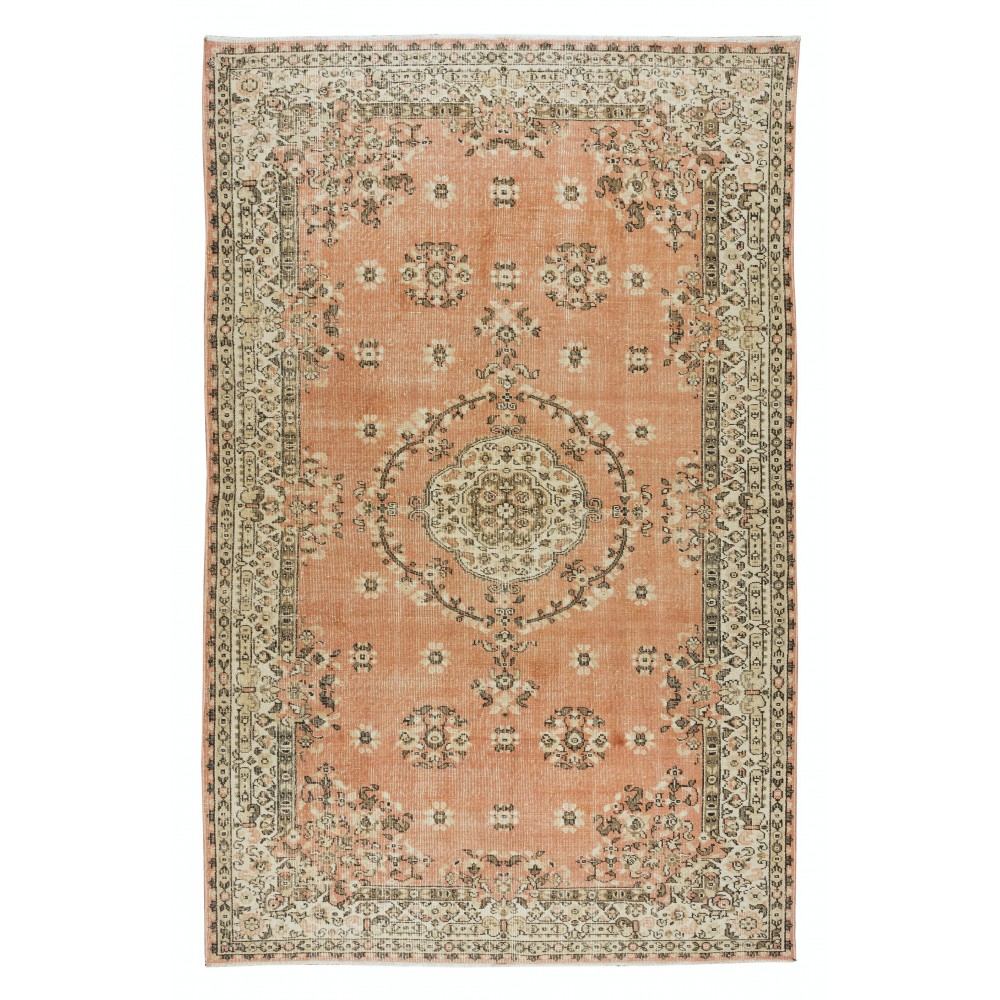 Hand-Knotted Vintage Turkish Rug in Red & Beige, Medallion Design Carpet