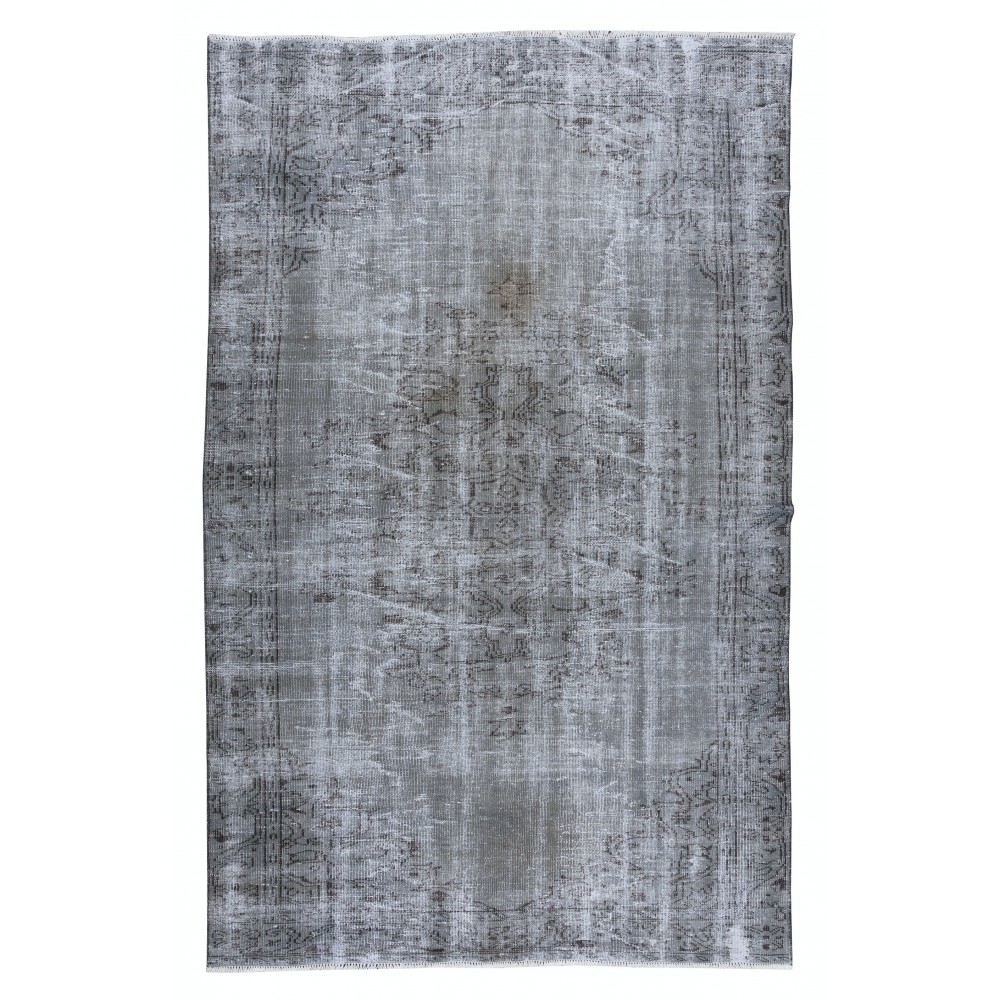 Vintage Rug Over-Dyed in Gray with Medallion Design, Handmade in Turkey