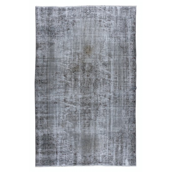 Gray Over-Dyed Rug with Medallion Design, Contemporary Vintage Hand-Knotted Turkish Wool Carpet