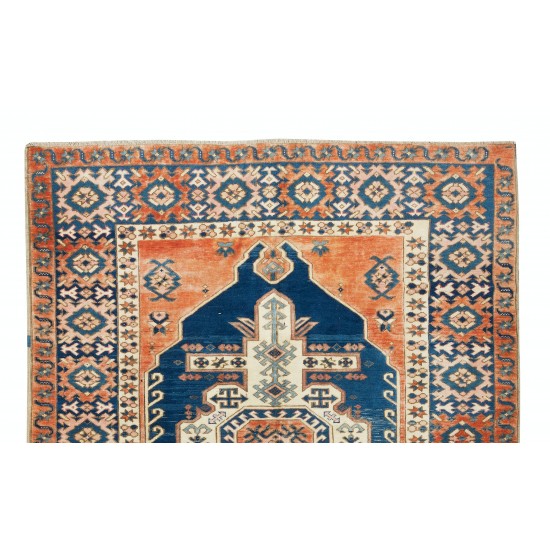 Hand-Made Turkish Wool Rug, Mid-Century Geometric Pattern Carpet