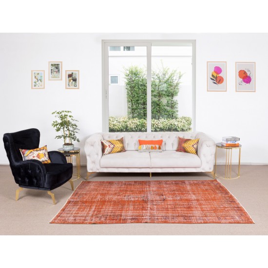Handmade Turkish Vintage Rug Over-Dyed in Orange Color for Modern Interiors Handmade Turkish Vintage Rug Over-Dyed in Orange Color for Modern Interiors