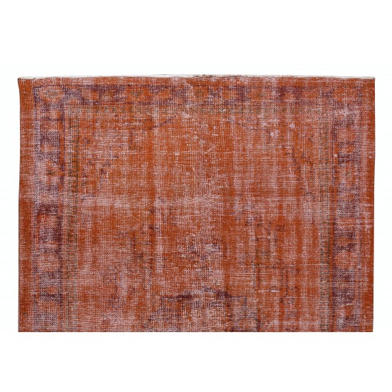 Handmade Turkish Vintage Rug Over-Dyed in Orange Color for Modern Interiors