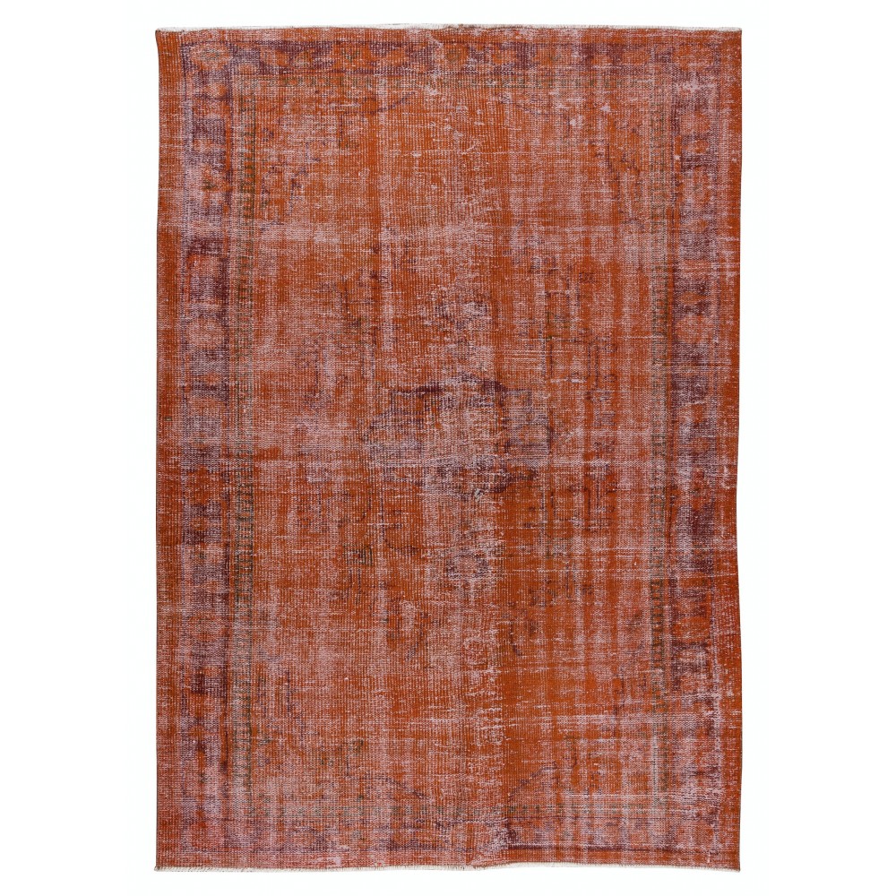 Handmade Turkish Vintage Rug Over-Dyed in Orange Color for Modern Interiors