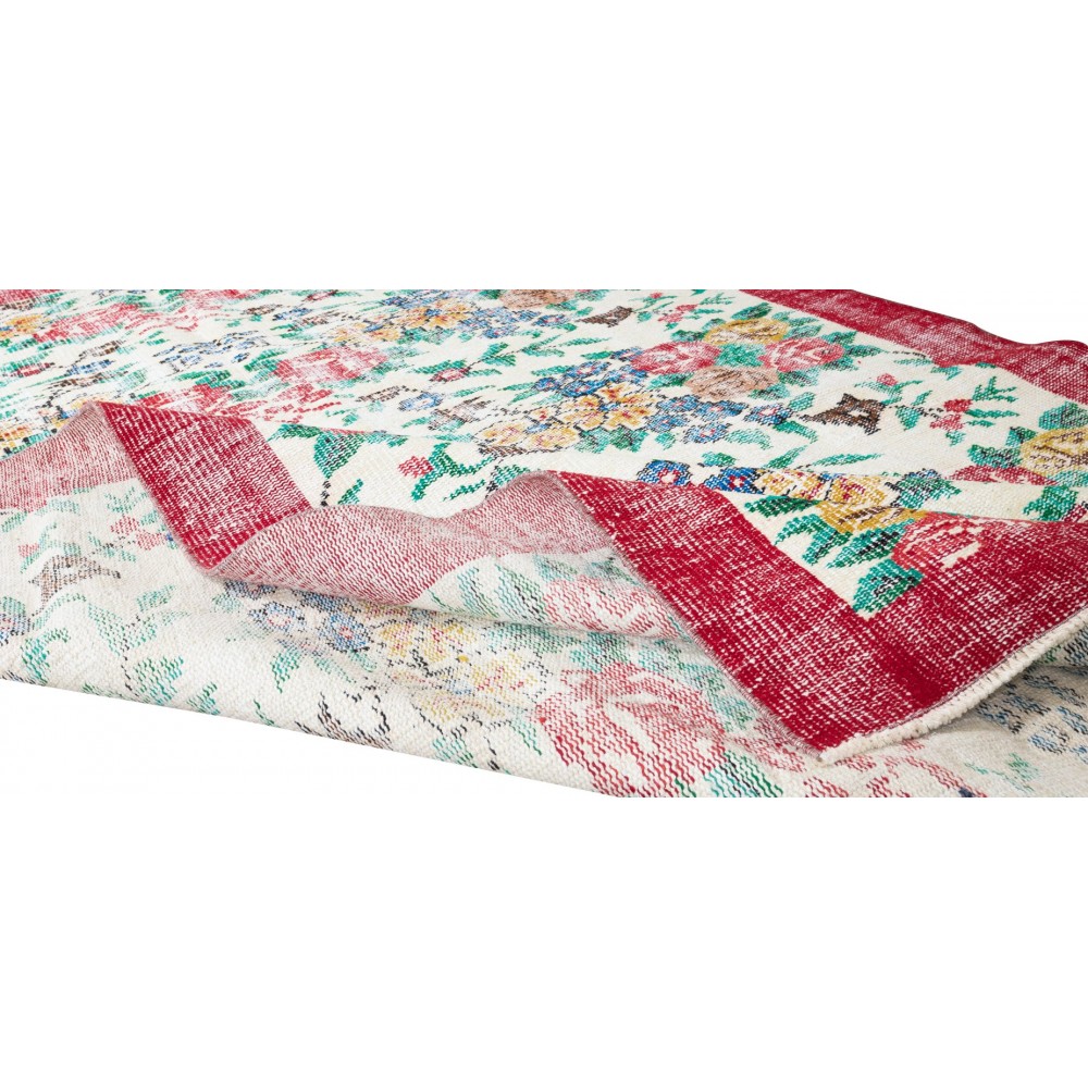 Handmade Rose Patterned Rug with Red Border. Vintage Turkish Wool Carpet
