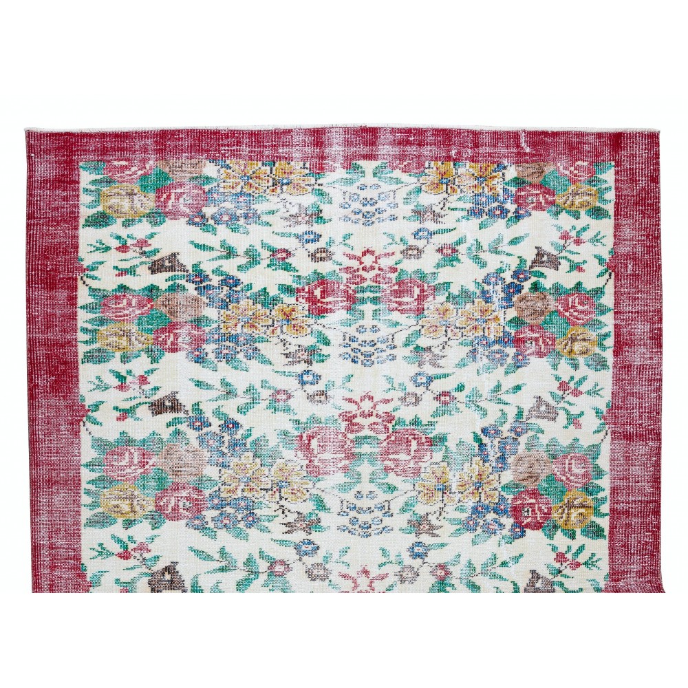 Handmade Rose Patterned Rug with Red Border. Vintage Turkish Wool Carpet