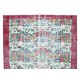 Handmade Rose Patterned Rug with Red Border. Vintage Turkish Wool Carpet