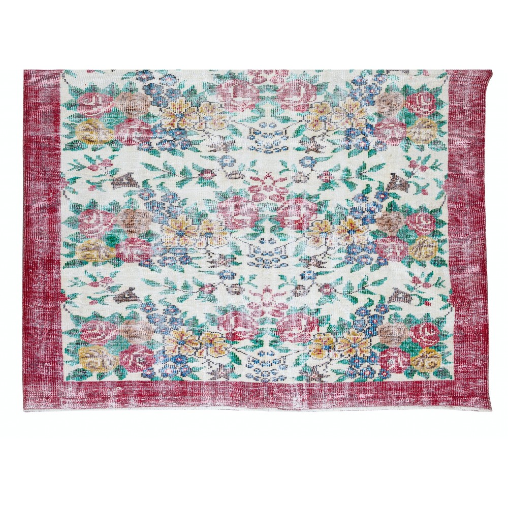 Handmade Rose Patterned Rug with Red Border. Vintage Turkish Wool Carpet