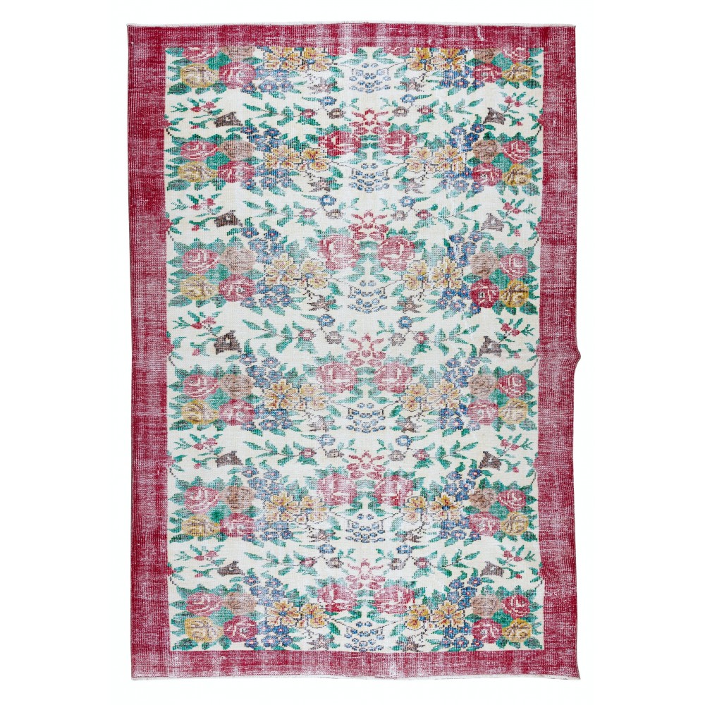 Handmade Rose Patterned Rug with Red Border. Vintage Turkish Wool Carpet