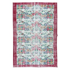 Handmade Rose Patterned Rug with Red Border. Vintage Turkish Wool Carpet