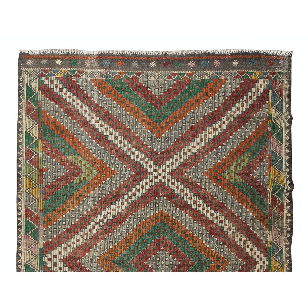 Vintage Turkish Jajim Kilim Rug, One of a Kind Hand-Woven Carpet Made of Wool
