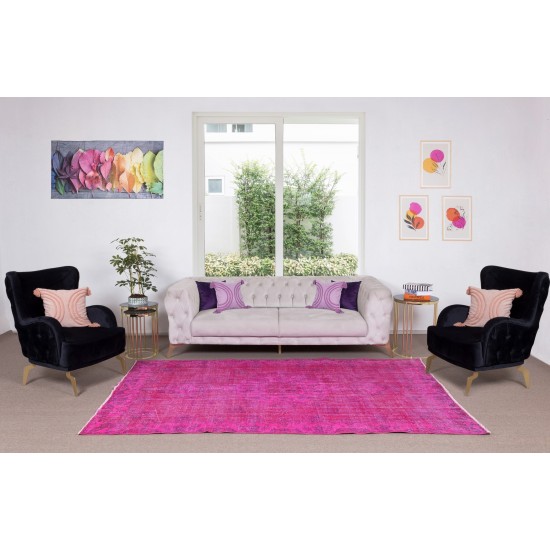 Room Size Modern Hand-Made Turkish Vintage Wool Area Rug Over-Dyed in Pink
