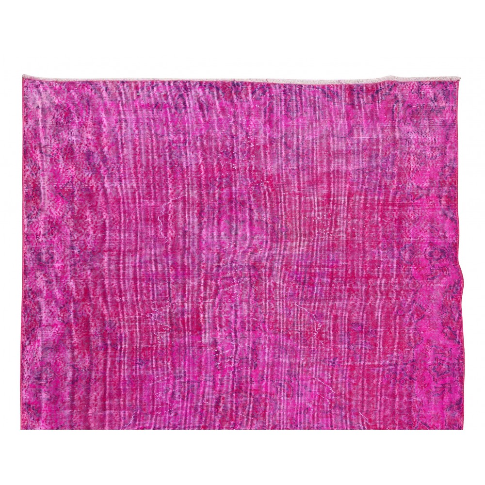 Room Size Modern Hand-Made Turkish Vintage Wool Area Rug Over-Dyed in Pink