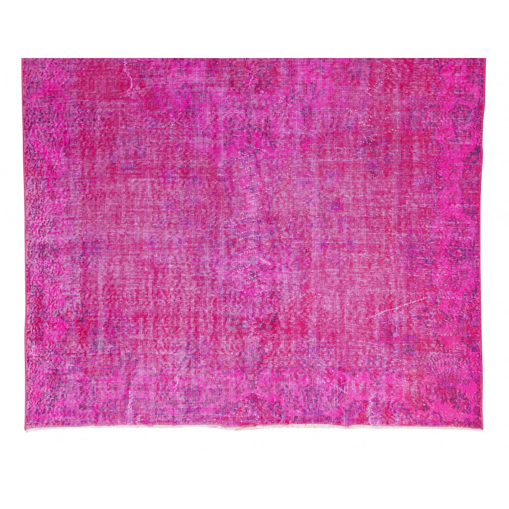 Room Size Modern Hand-Made Turkish Vintage Wool Area Rug Over-Dyed in Pink