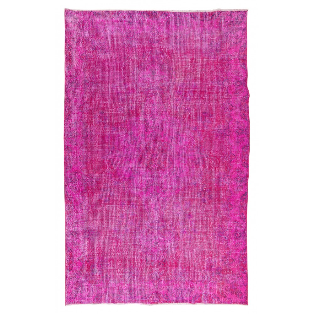 Room Size Modern Hand-Made Turkish Vintage Wool Area Rug Over-Dyed in Pink