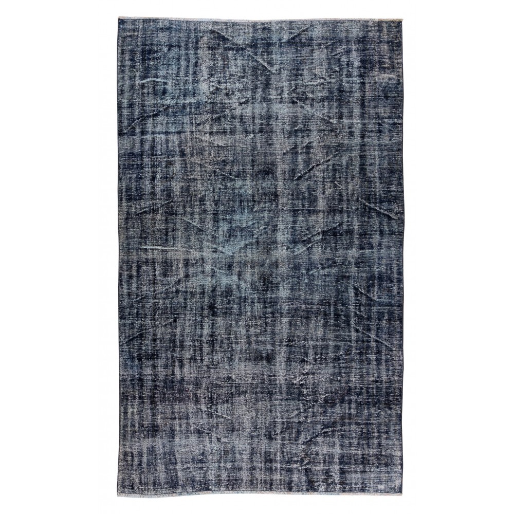 Navy Blue Over-Dyed Rug, Contemporary Vintage Hand-Knotted Turkish Wool Carpet