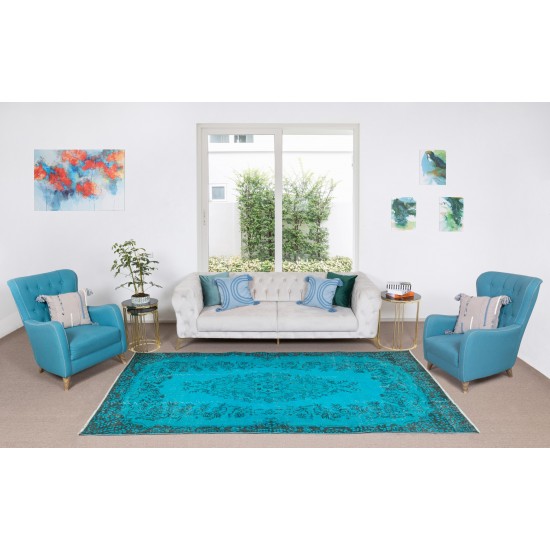 Vintage Turkish Rug Over-Dyed in Teal with Floral Medallion Design, Great 4 Contemporary Interiors Vintage Turkish Rug Over-Dyed in Teal with Floral Medallion Design, Great 4 Contemporary Interiors