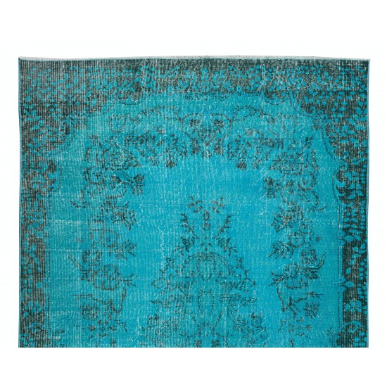 Vintage Turkish Rug Over-Dyed in Teal with Floral Medallion Design, Great 4 Contemporary Interiors