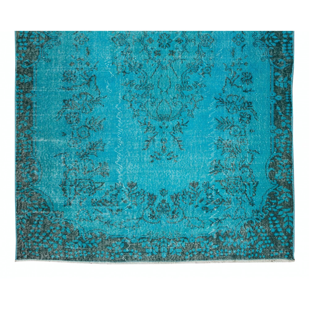 Vintage Turkish Rug Over-Dyed in Teal with Floral Medallion Design, Great 4 Contemporary Interiors