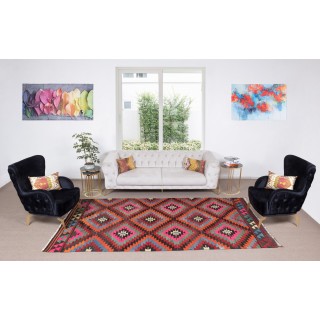 Hand-Woven Vintage Turkish Wool Kilim Rug with Geometric Design