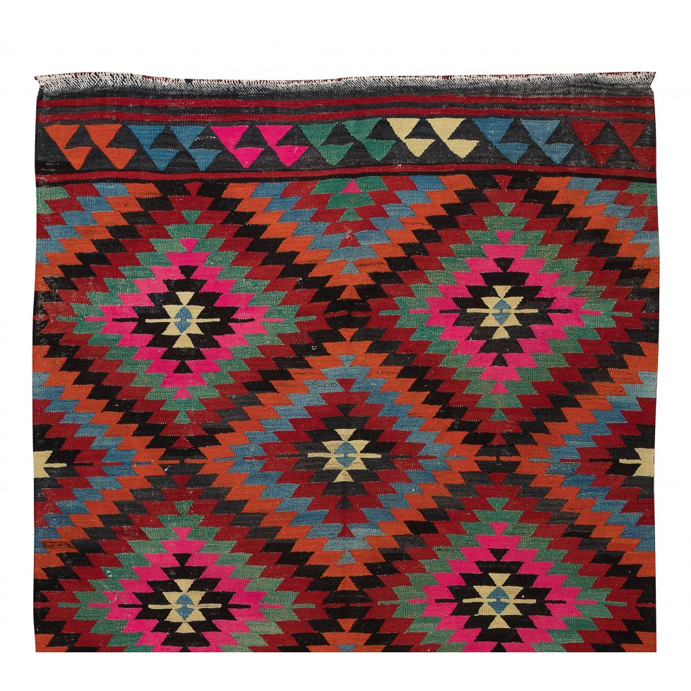 Hand-Woven Vintage Turkish Wool Kilim Rug with Geometric Design