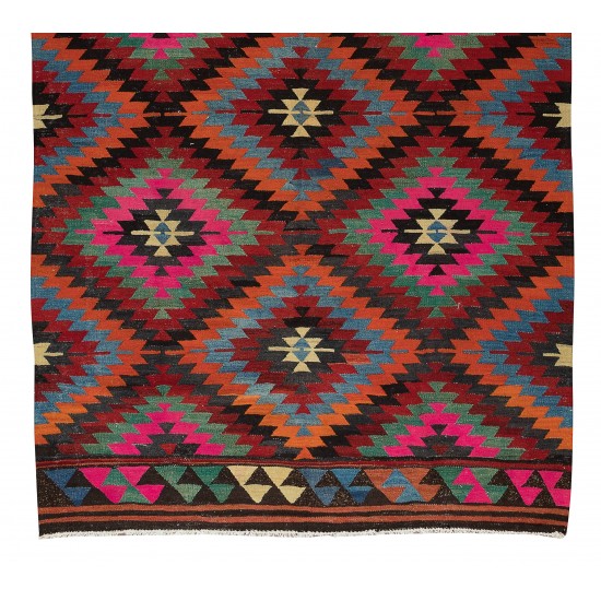 Hand-Woven Vintage Turkish Wool Kilim Rug with Geometric Design