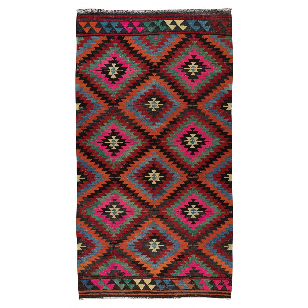Hand-Woven Vintage Turkish Wool Kilim Rug with Geometric Design