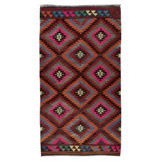 Hand-Woven Vintage Turkish Wool Kilim Rug with Geometric Design
