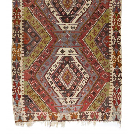 Geometric Handmade Turkish Wool Kilim Runner, Flat-Weave Floor Covering Geometric Handmade Turkish Wool Kilim Runner, Flat-Weave Floor Covering