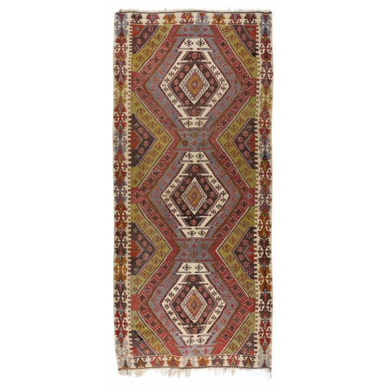 Geometric Handmade Turkish Wool Kilim Runner, Flat-Weave Floor Covering Geometric Handmade Turkish Wool Kilim Runner, Flat-Weave Floor Covering