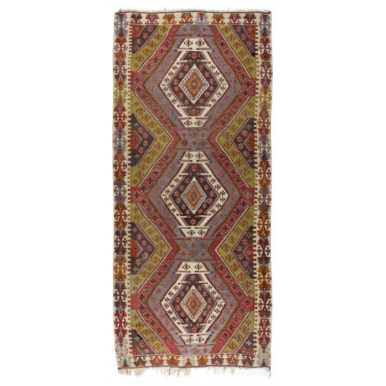 Geometric Handmade Turkish Wool Kilim Runner, Flat-Weave Floor Covering