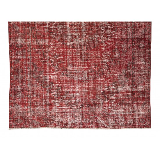 Distressed Handmade Turkish Vintage Rug Over-Dyed in Burgundy Red for Modern Interiors