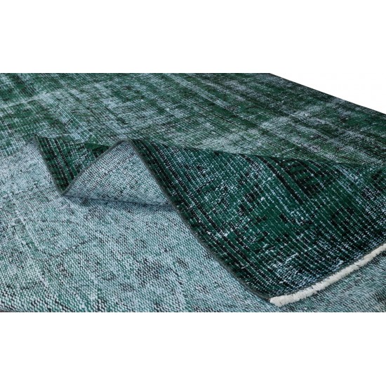 Green Over-Dyed Floor Rug, Hand Knotted Turkish Vintage Wool Carpet for Modern Interiors