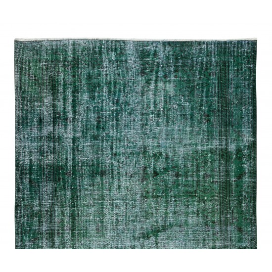 Green Over-Dyed Floor Rug, Hand Knotted Turkish Vintage Wool Carpet for Modern Interiors