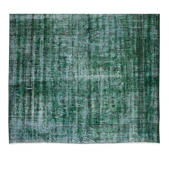 Green Over-Dyed Floor Rug, Hand Knotted Turkish Vintage Wool Carpet for Modern Interiors