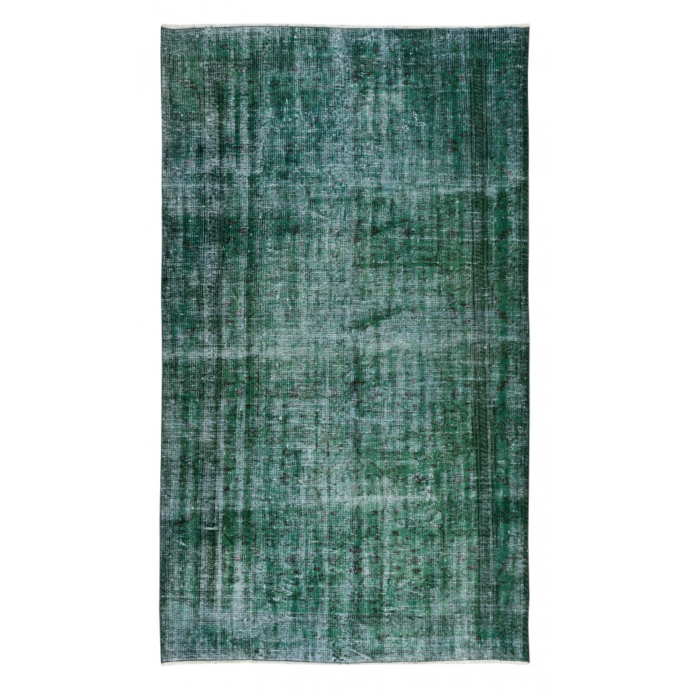 Green Over-Dyed Floor Rug, Hand Knotted Turkish Vintage Wool Carpet for Modern Interiors