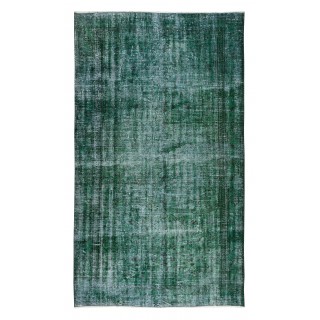 Green Over-Dyed Floor Rug, Hand Knotted Turkish Vintage Wool Carpet for Modern Interiors
