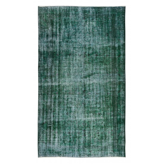 Green Over-Dyed Floor Rug, Hand Knotted Turkish Vintage Wool Carpet for Modern Interiors