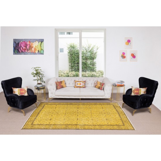 Handmade Turkish Vintage Floral Patterned Rug Over-Dyed in Yellow for Contemporary Interiors