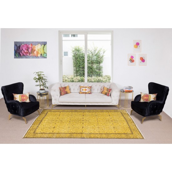 Handmade Turkish Vintage Floral Patterned Rug Over-Dyed in Yellow for Contemporary Interiors Handmade Turkish Vintage Floral Patterned Rug Over-Dyed in Yellow for Contemporary Interiors