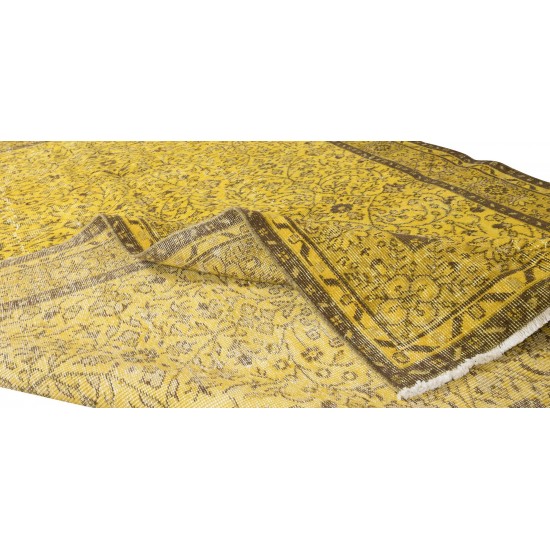 Handmade Turkish Vintage Floral Patterned Rug Over-Dyed in Yellow for Contemporary Interiors