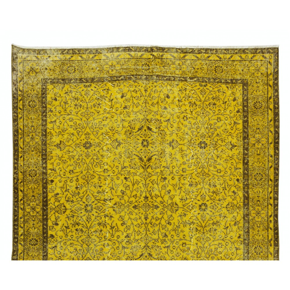 Handmade Turkish Vintage Floral Patterned Rug Over-Dyed in Yellow for Contemporary Interiors