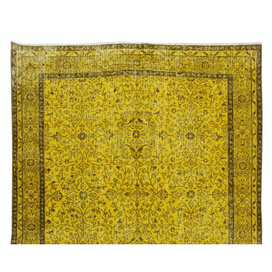 Handmade Turkish Vintage Floral Patterned Rug Over-Dyed in Yellow for Contemporary Interiors