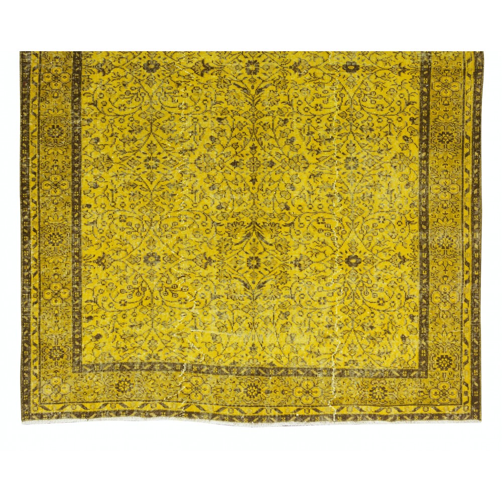 Handmade Turkish Vintage Floral Patterned Rug Over-Dyed in Yellow for Contemporary Interiors