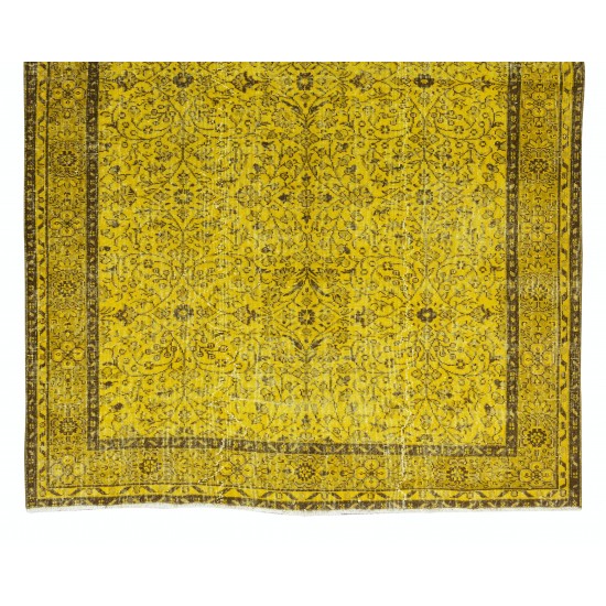 Handmade Turkish Vintage Floral Patterned Rug Over-Dyed in Yellow for Contemporary Interiors Handmade Turkish Vintage Floral Patterned Rug Over-Dyed in Yellow for Contemporary Interiors