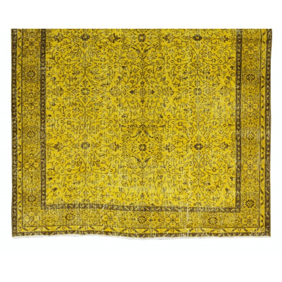 Handmade Turkish Vintage Floral Patterned Rug Over-Dyed in Yellow for Contemporary Interiors