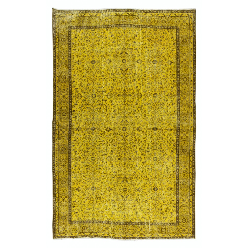 Handmade Turkish Vintage Floral Patterned Rug Over-Dyed in Yellow for Contemporary Interiors
